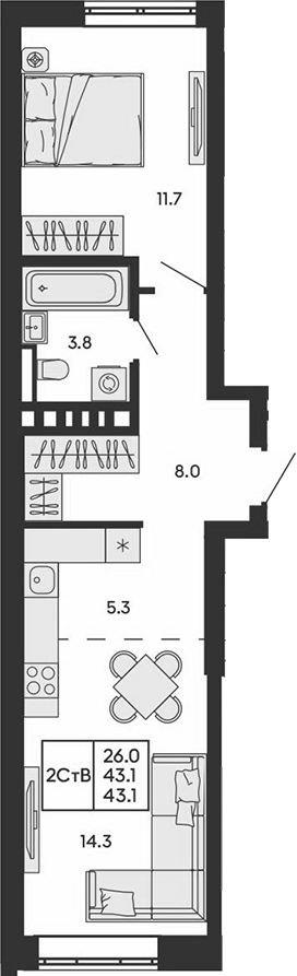 Планировка 2е-к.кв 43.10 м² в ЖК «ГОРИЗОНТ»