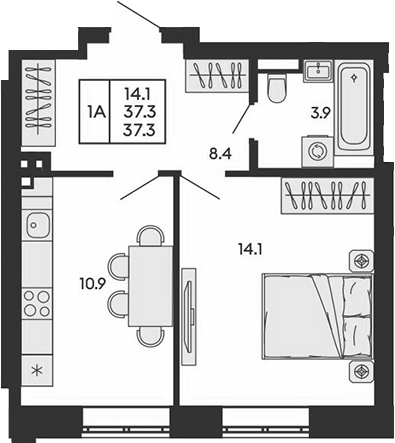 Планировка 1-к.кв 37.30 м² в ЖК «ГОРИЗОНТ»