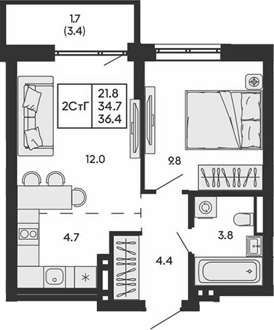 Планировка 2е-к.кв 34.70 м² в ЖК «ГОРИЗОНТ»