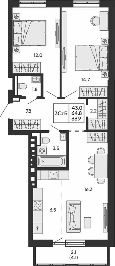Планировка 3е-к.кв 64.80 м² в ЖК «ГОРИЗОНТ»