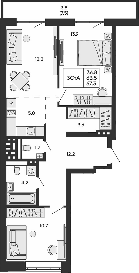 Планировка 3е-к.кв 63.50 м² в ЖК «ГОРИЗОНТ»