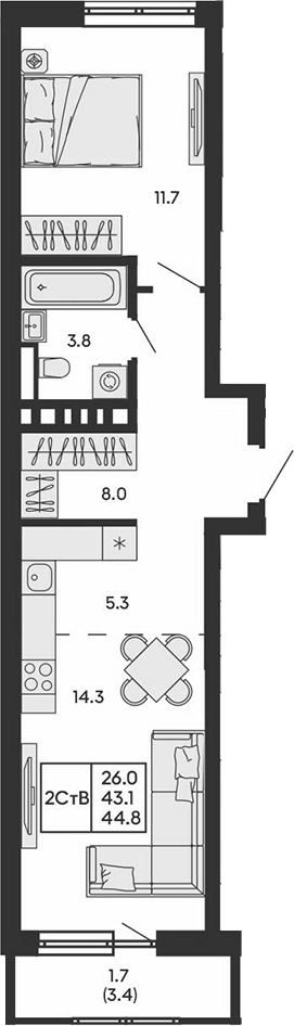 Планировка 2е-к.кв 43.10 м² в ЖК «ГОРИЗОНТ»