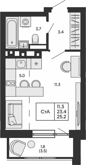 Планировка студии 23.40 м² в ЖК «ГОРИЗОНТ»