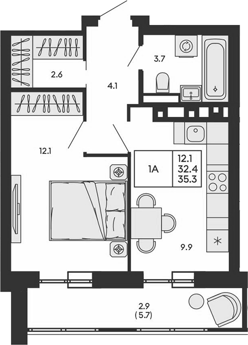 Планировка 1-к.кв 32.40 м² в ЖК «ГОРИЗОНТ»