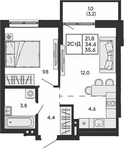 Планировка 2е-к.кв 34.60 м² в ЖК «ГОРИЗОНТ»