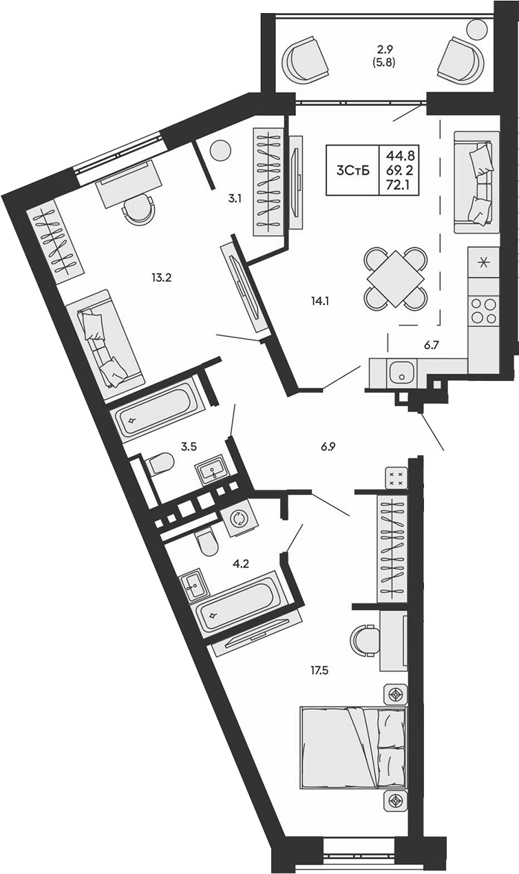 Планировка 3е-к.кв 69.20 м² в ЖК «ГОРИЗОНТ»