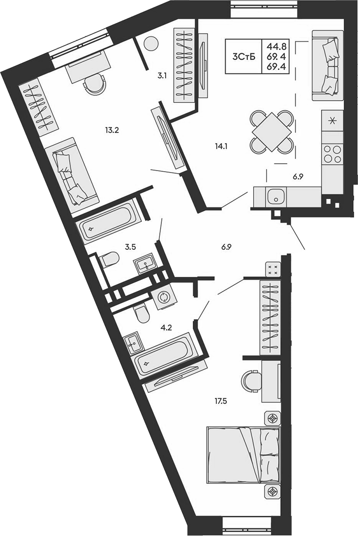 Планировка 3е-к.кв 69.40 м² в ЖК «ГОРИЗОНТ»