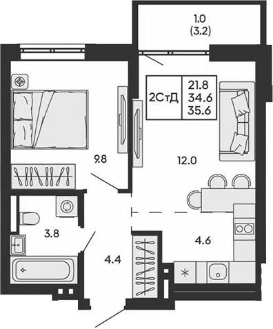 Планировка 2е-к.кв 34.60 м² в ЖК «ГОРИЗОНТ»