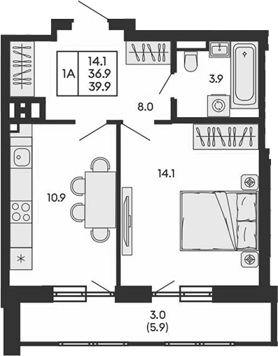Планировка 1-к.кв 36.90 м² в ЖК «ГОРИЗОНТ»