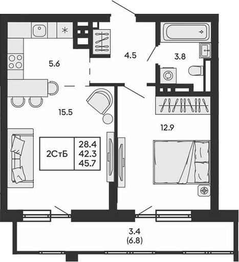 Планировка 2е-к.кв 42.30 м² в ЖК «ГОРИЗОНТ»