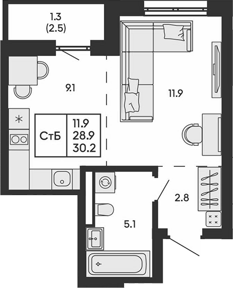 Планировка студии 28.90 м² в ЖК «ГОРИЗОНТ»