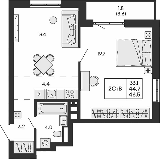 Планировка 2е-к.кв 44.70 м² в ЖК «ГОРИЗОНТ»