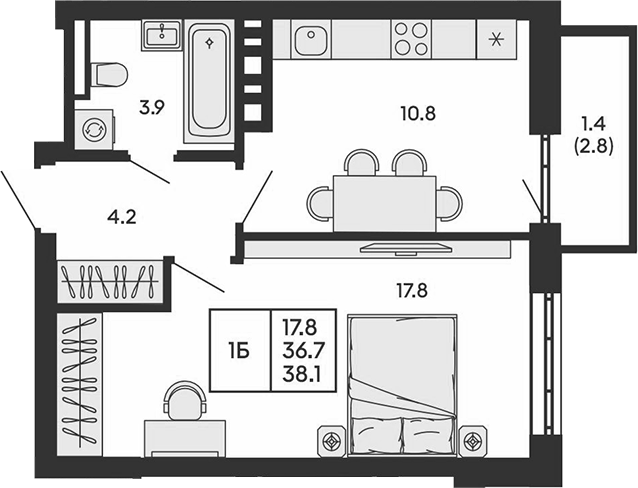 Планировка 1-к.кв 36.70 м² в ЖК «ГОРИЗОНТ»