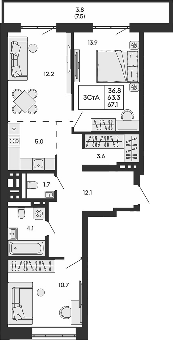 Планировка 3е-к.кв 63.30 м² в ЖК «ГОРИЗОНТ»