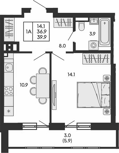 Планировка 1-к.кв 36.90 м² в ЖК «ГОРИЗОНТ»