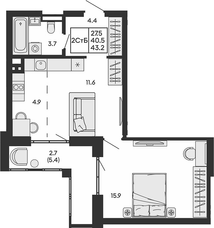 Планировка 2е-к.кв 40.50 м² в ЖК «ГОРИЗОНТ»