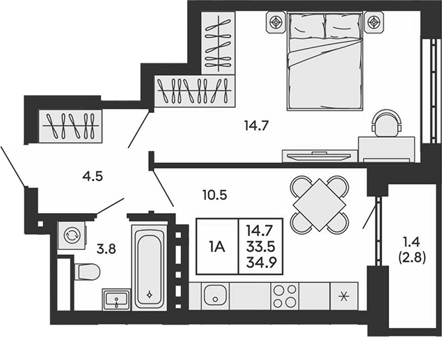 Планировка 1-к.кв 33.50 м² в ЖК «ГОРИЗОНТ»