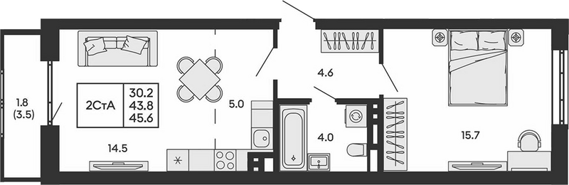 Планировка 2е-к.кв 43.80 м² в ЖК «ГОРИЗОНТ»