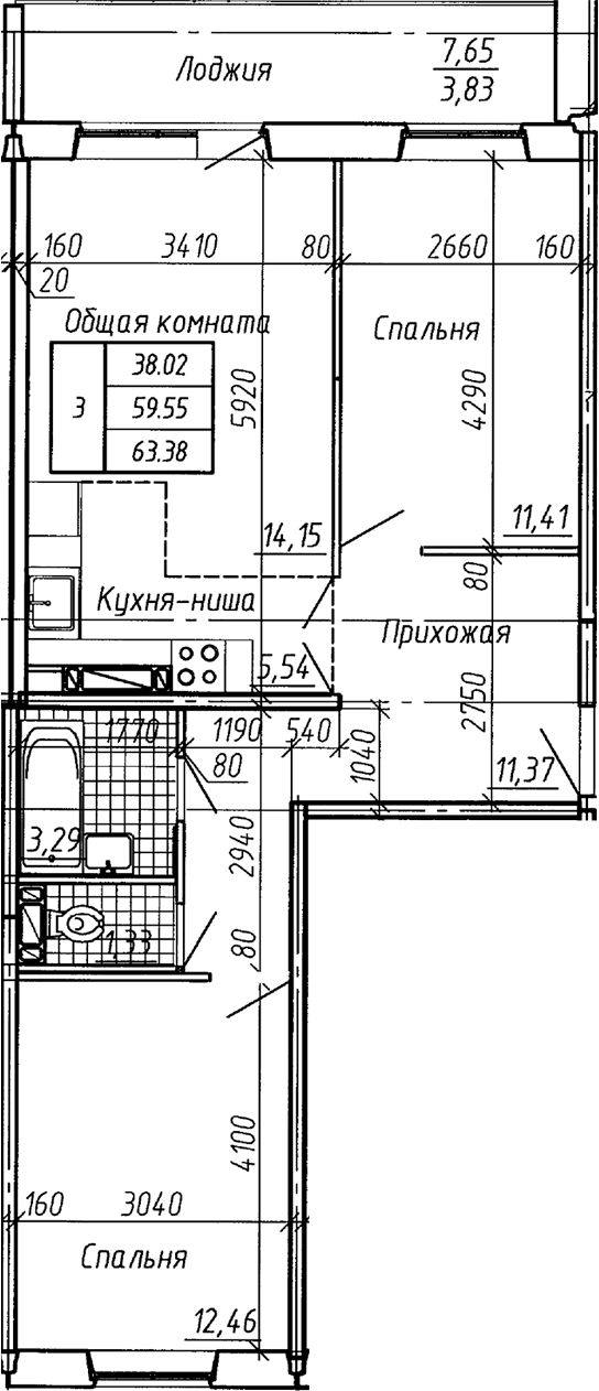 Планировка 3е-к.кв 59.55 м² в ЖК «Аквамарин»