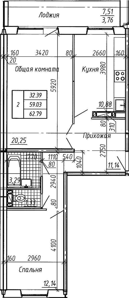 Планировка 2-к.кв 59.03 м² в ЖК «Аквамарин»
