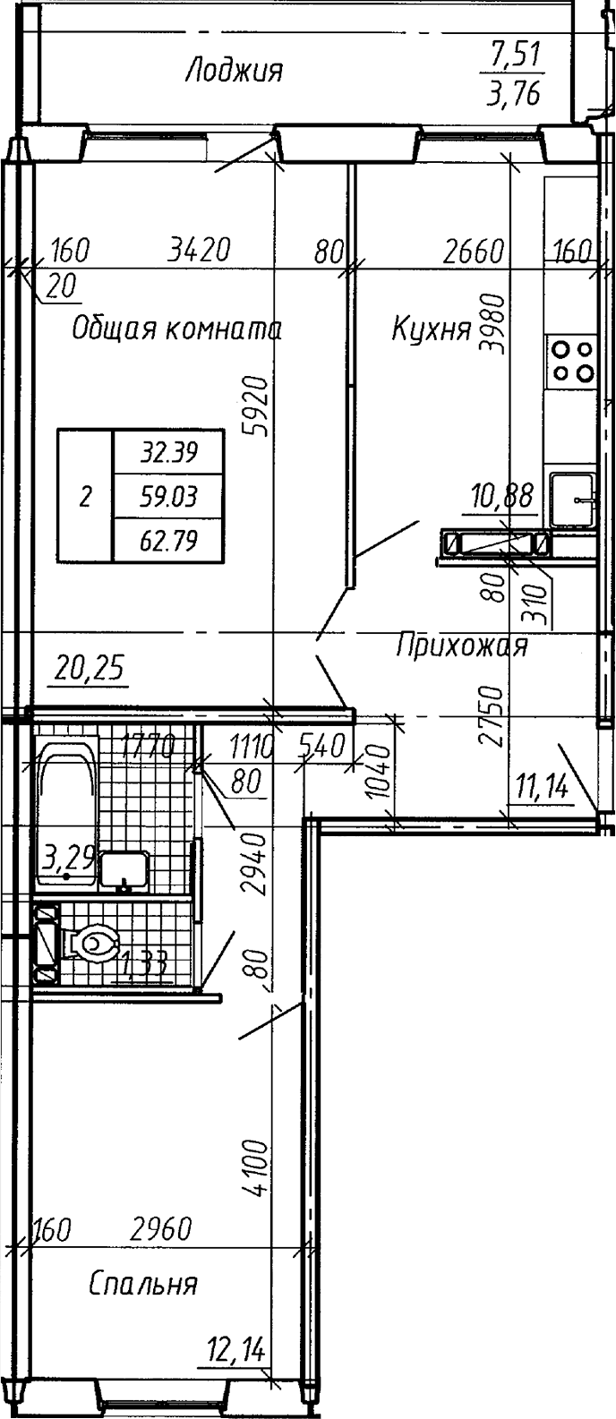 Планировка 2-к.кв 59.03 м² в ЖК «Аквамарин»