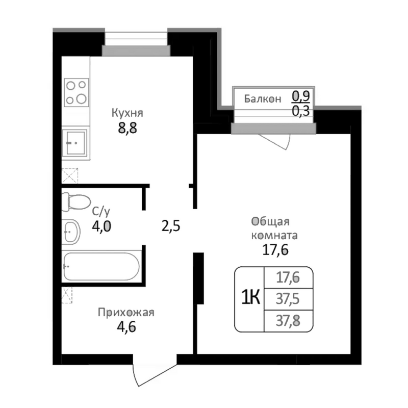 Планировка 1-к.кв 37.50 м² в ЖК «Первомайский»