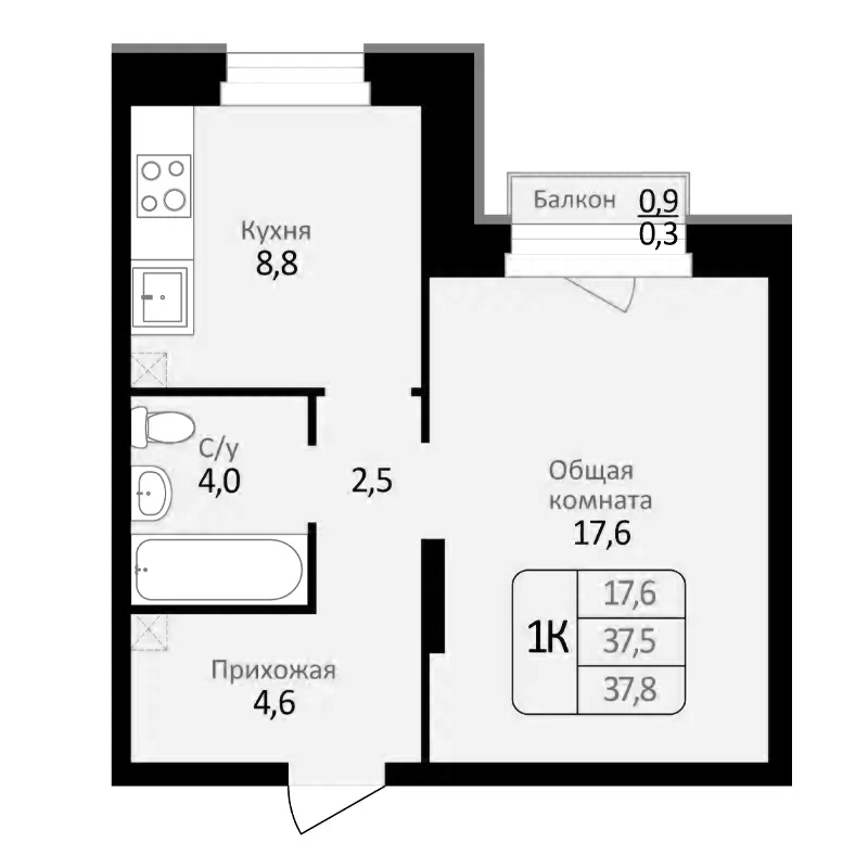 Планировка 1-к.кв 37.50 м² в ЖК «Первомайский»