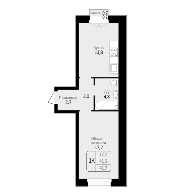 Планировка 1-к.кв 41.50 м² в ЖК «Первомайский»
