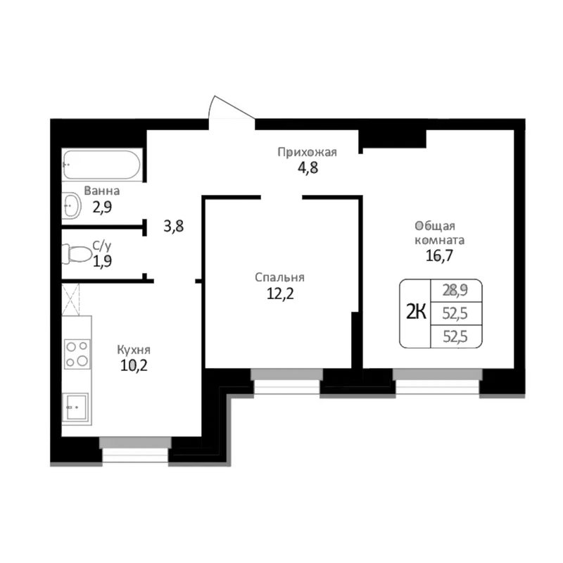 Планировка 2-к.кв 52.50 м² в ЖК «Первомайский»