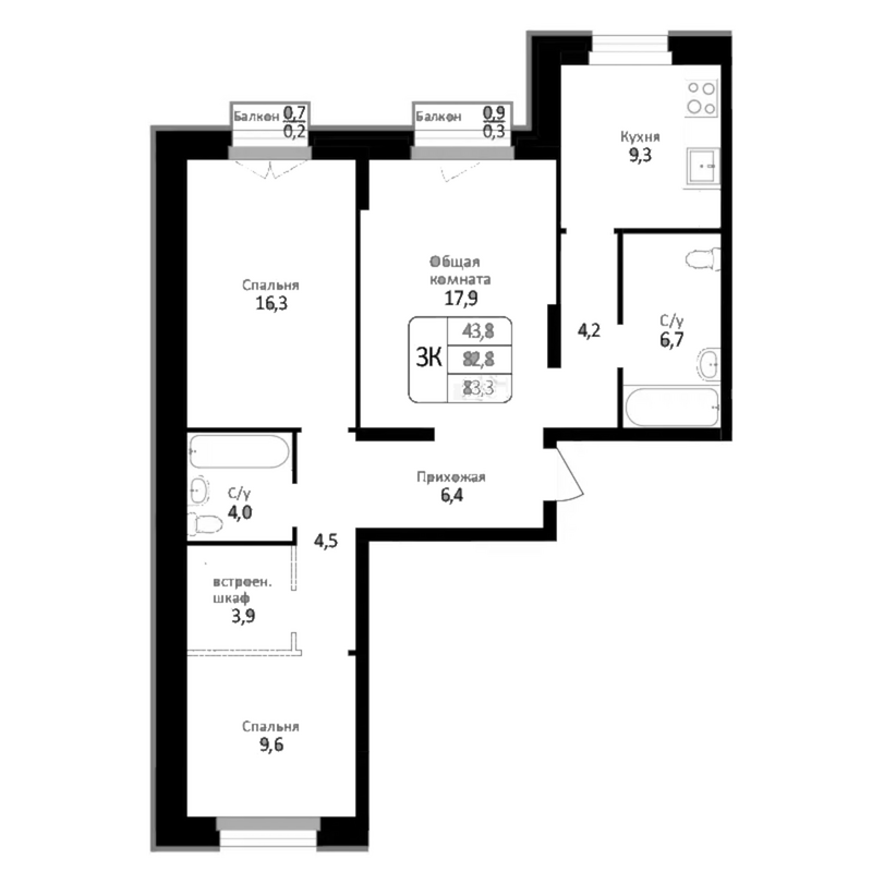 Планировка 3-к.кв 82.80 м² в ЖК «Первомайский»