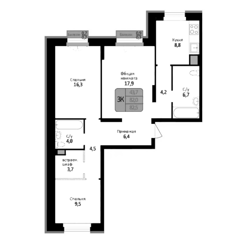 Планировка 3-к.кв 82.00 м² в ЖК «Первомайский»