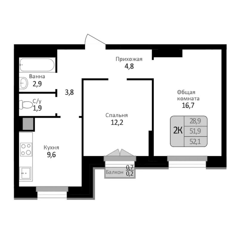 Планировка 2-к.кв 51.90 м² в ЖК «Первомайский»