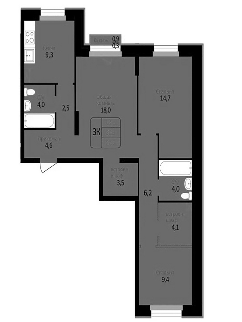 Планировка 3-к.кв 80.30 м² в ЖК «Первомайский»