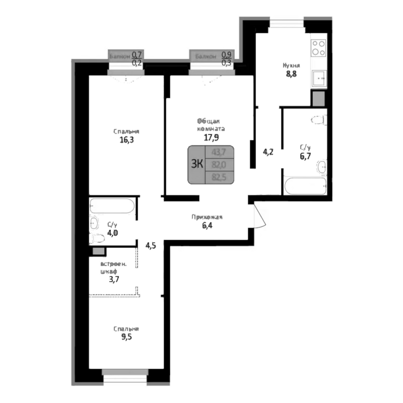 Планировка 3-к.кв 82.00 м² в ЖК «Первомайский»