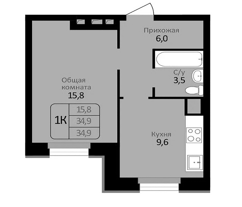 Планировка 1-к.кв 34.90 м² в ЖК «Первомайский»