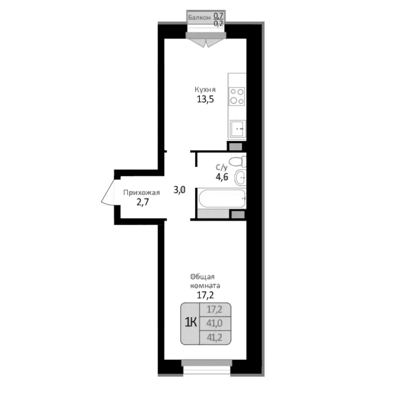 Планировка 1-к.кв 41.00 м² в ЖК «Первомайский»