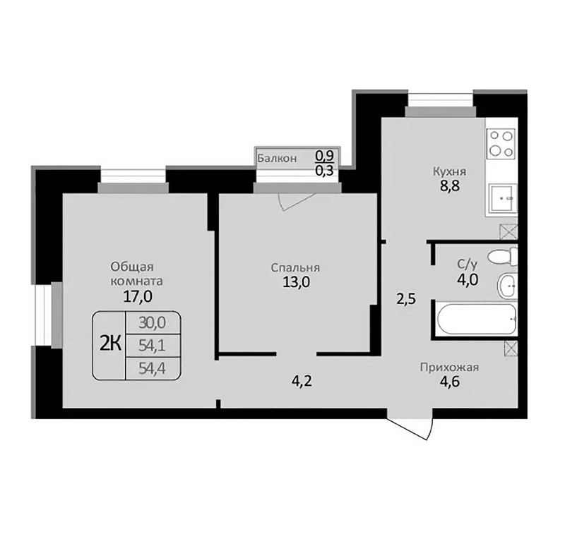 Планировка 2-к. квартира 54.10 м² в ЖК «Первомайский»