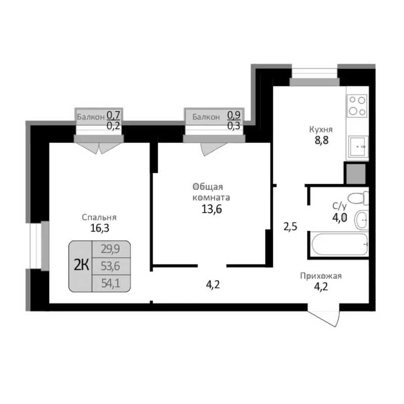 Планировка 2-к.кв 53.60 м² в ЖК «Первомайский»