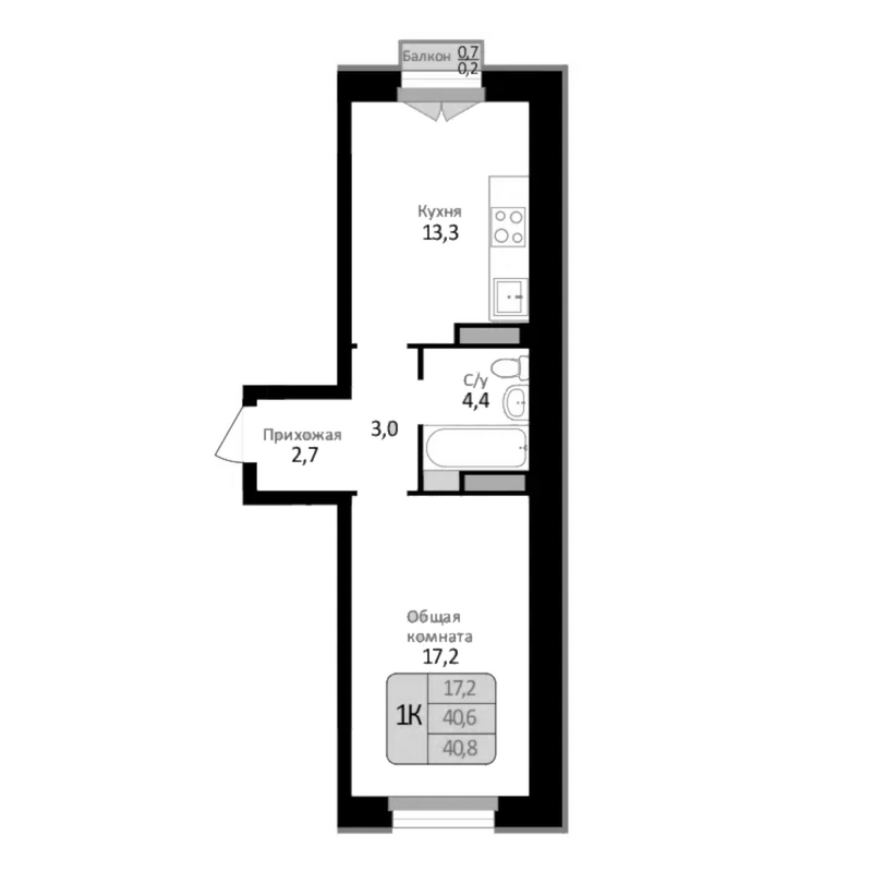 Планировка 1-к.кв 40.60 м² в ЖК «Первомайский»