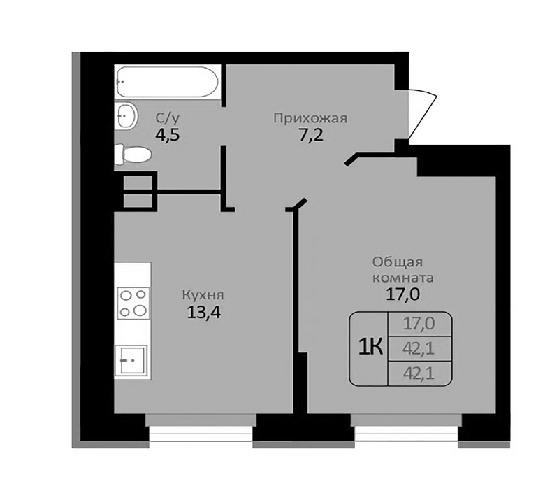 Планировка 1-к. квартира 42.10 м² в ЖК «Первомайский»