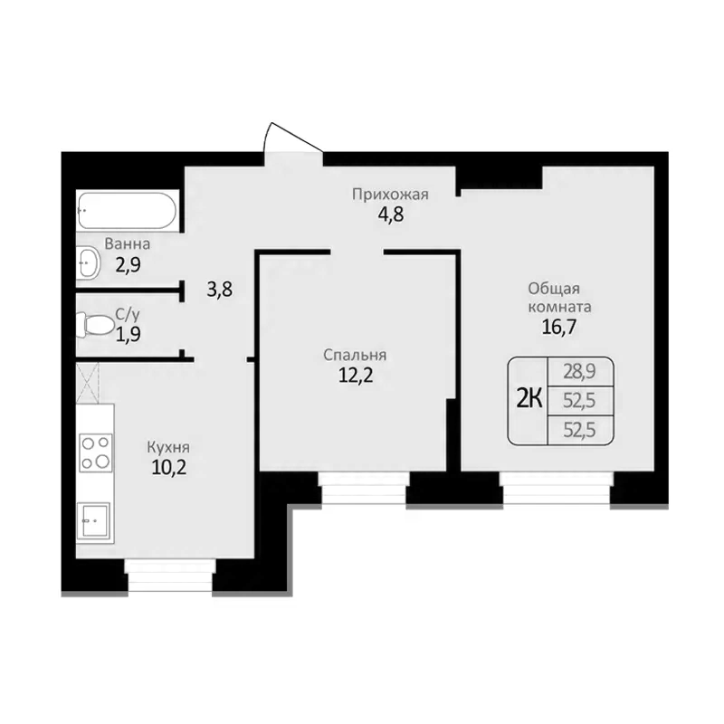Планировка 2-к.кв 52.50 м² в ЖК «Первомайский»