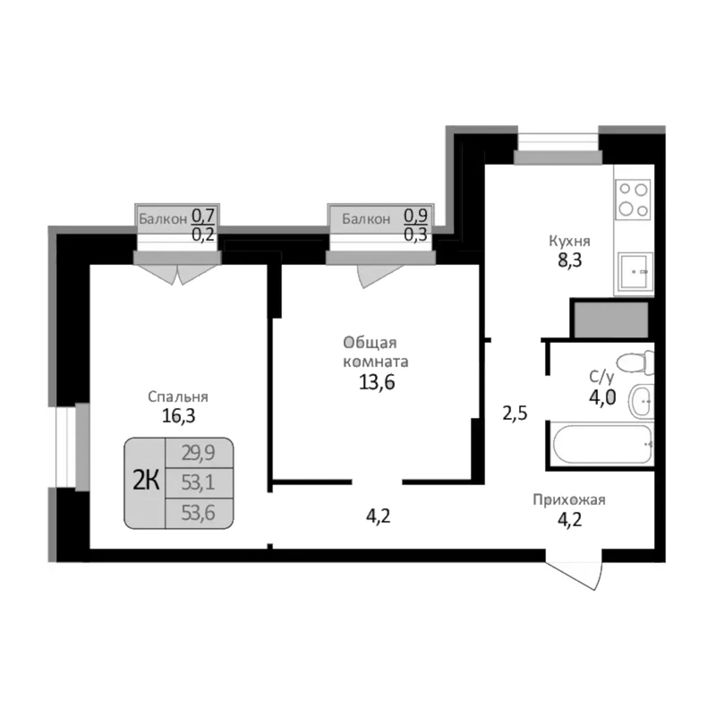 Планировка 2-к. квартира 53.10 м² в ЖК «Первомайский»