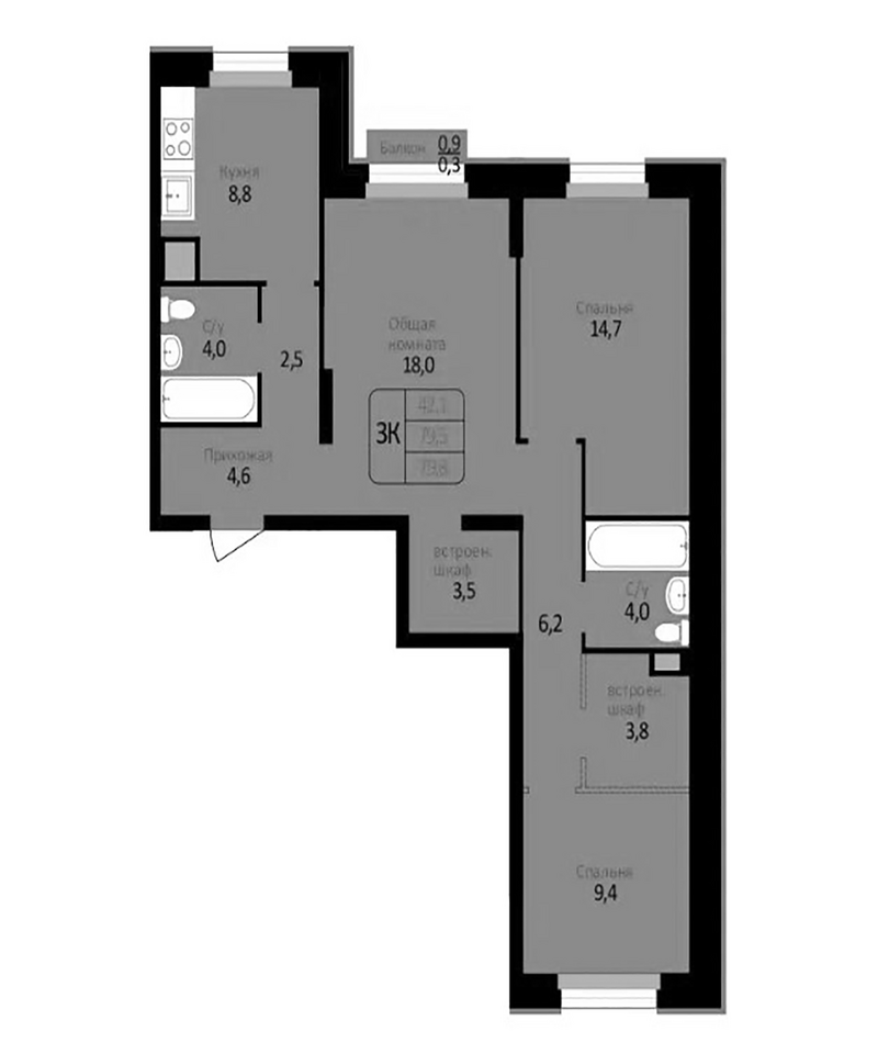 Планировка 3-к. квартира 79.50 м² в ЖК «Первомайский»