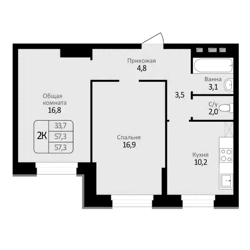 Планировка 2-к.кв 57.30 м² в ЖК «Первомайский»