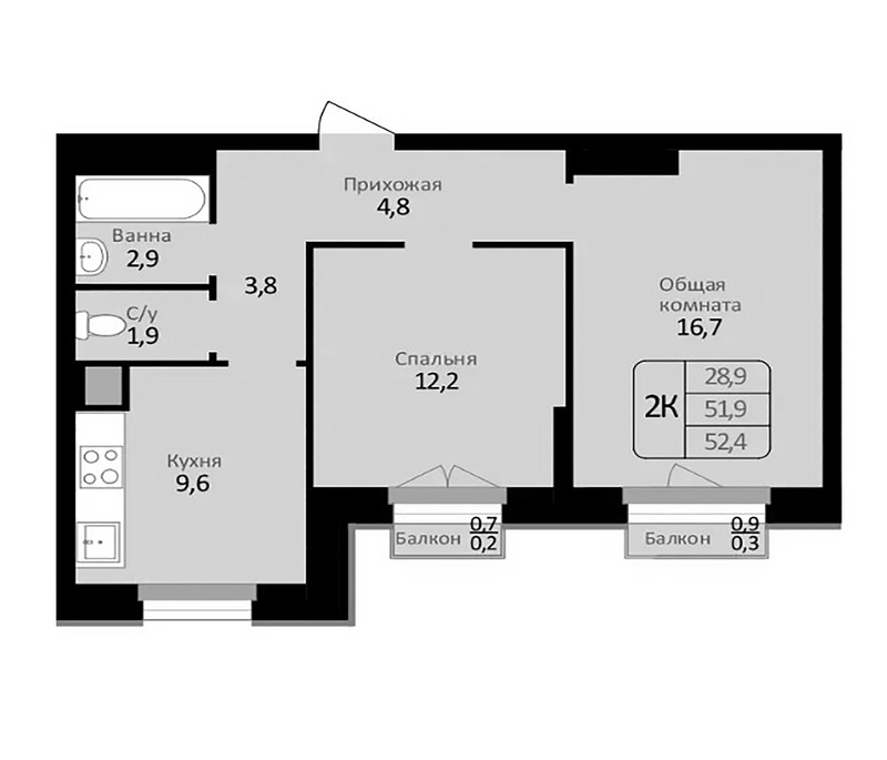 Планировка 2-к. квартира 51.90 м² в ЖК «Первомайский»