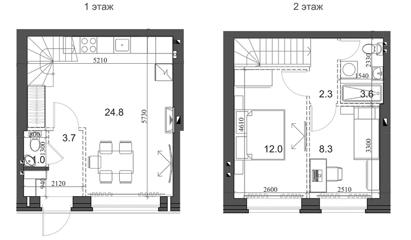 Планировка таунхаусы 56.59 м² в ЖК «Коттеджный поселок Березки Элитный»
