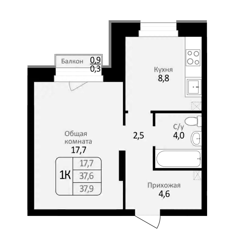Планировка 1-к.кв 37.60 м² в ЖК «Первомайский»