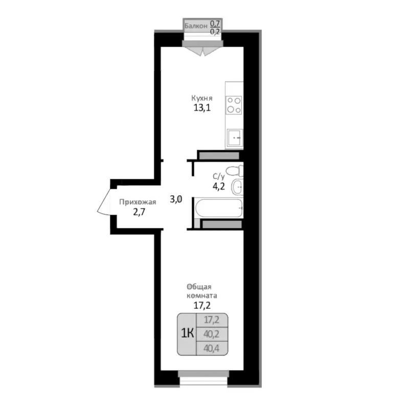 Планировка 1-к.кв 40.20 м² в ЖК «Первомайский»