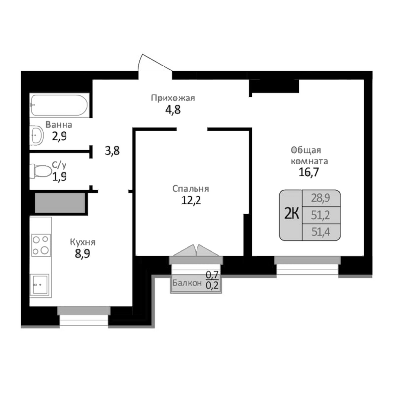 Планировка 2-к.кв 51.20 м² в ЖК «Первомайский»