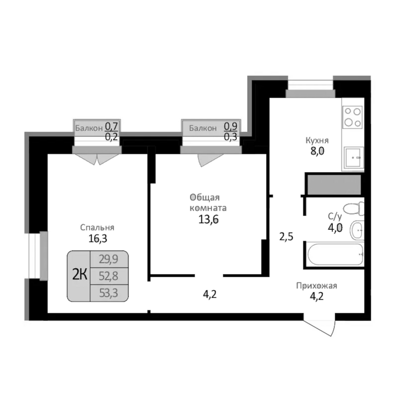 Планировка 2-к. квартира 52.80 м² в ЖК «Первомайский»